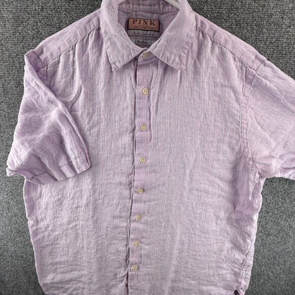 Thomas Pink Large Short Sleeve Striped Linen Pink Button Up Shirt Mens Spread - Picture 2 of 10